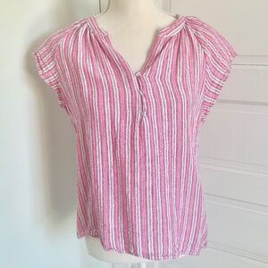 Linen Rayon candy stripe pink white short cap sleeve blouse top